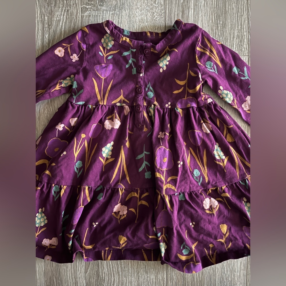 Tea Collection Girls Tiered Henley Dress Purple Floral Long Sleeve - Size 3 - Picture 3 of 8